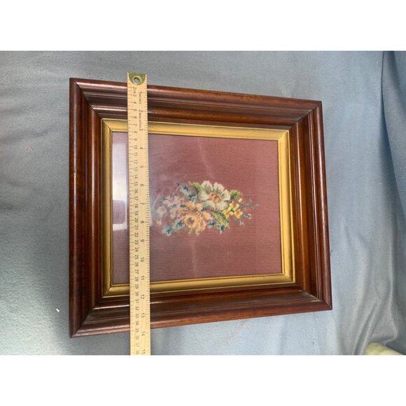 Vintage Framed Floral Needlepoint Art with Wood Frame & Glass Cover - Picture 8 of 11